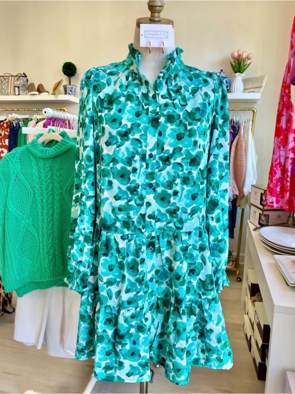 TCEC Teal Floral Long-Sleeve Tiered Button Dress